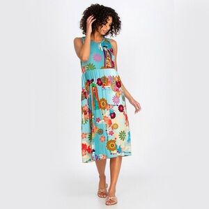 Johnny Was KINGYO Easy Fit Tank Dress Japanese Geisha Koi Fish Floral Boho Midi